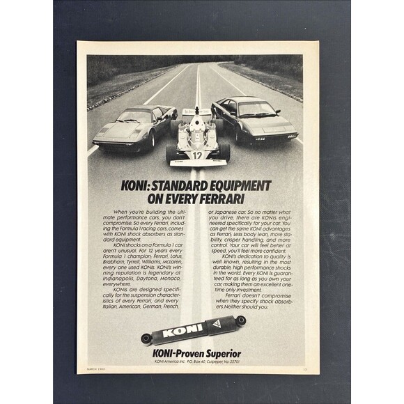 KONI Shocks "Standard Equipment on Every Ferrari" Vintage Print Ad 1983 - Picture 3 of 3